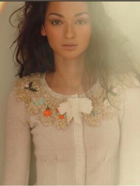 Anthropologie Cream Knit Cardigan with Floral Embellished Collar